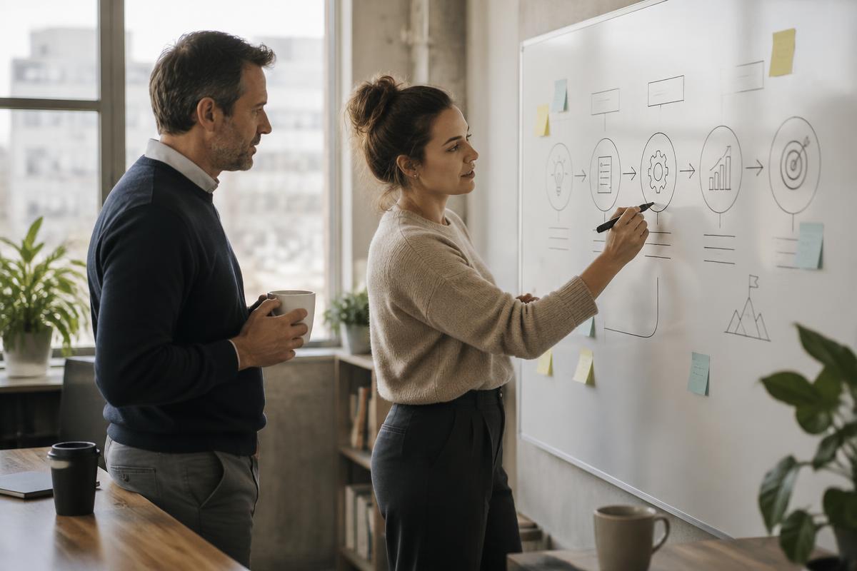 Two colleagues shaping a practical AI roadmap on a whiteboard