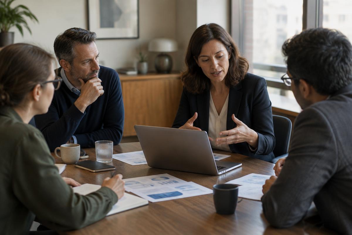 A leadership team working through an AI strategy plan together