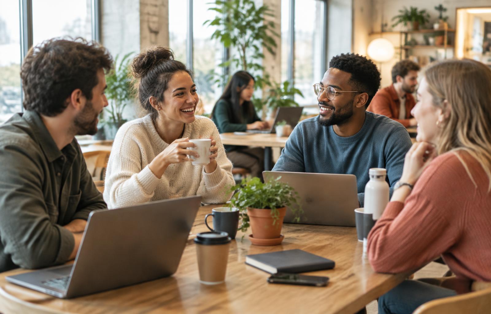 Young startup founders chatting over coffee at a shared table in a bright co-working space