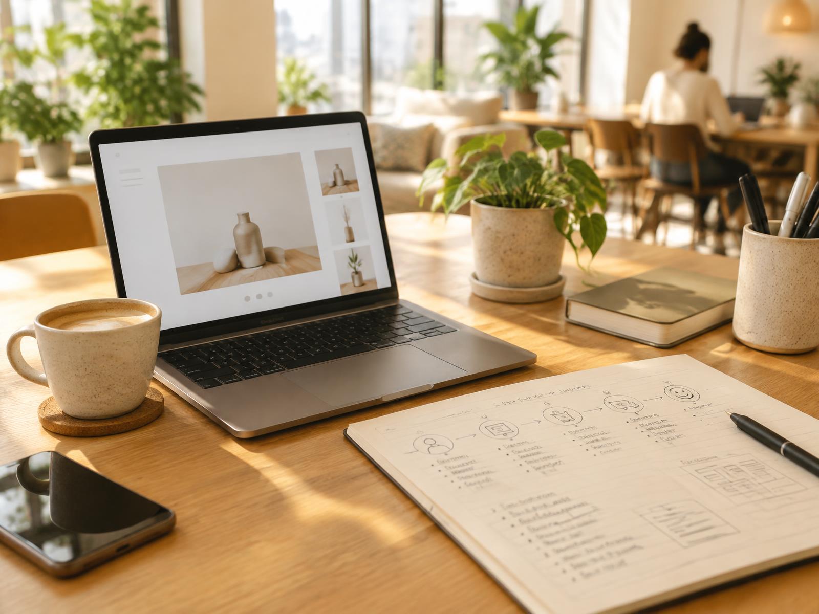 Software product, customer journey and commercialisation work arranged on a desk