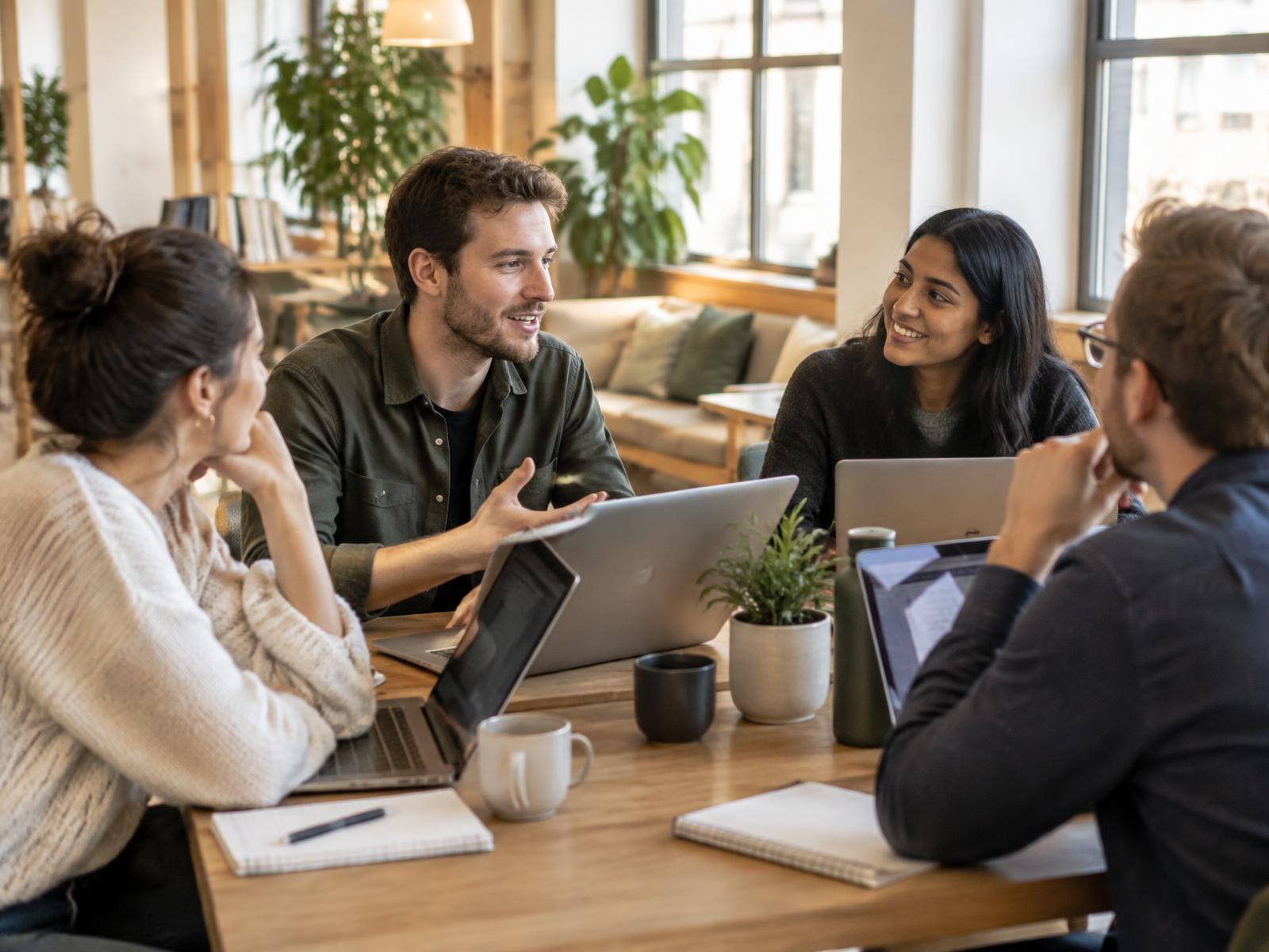 Younger founder working with experienced commercial leaders on business priorities