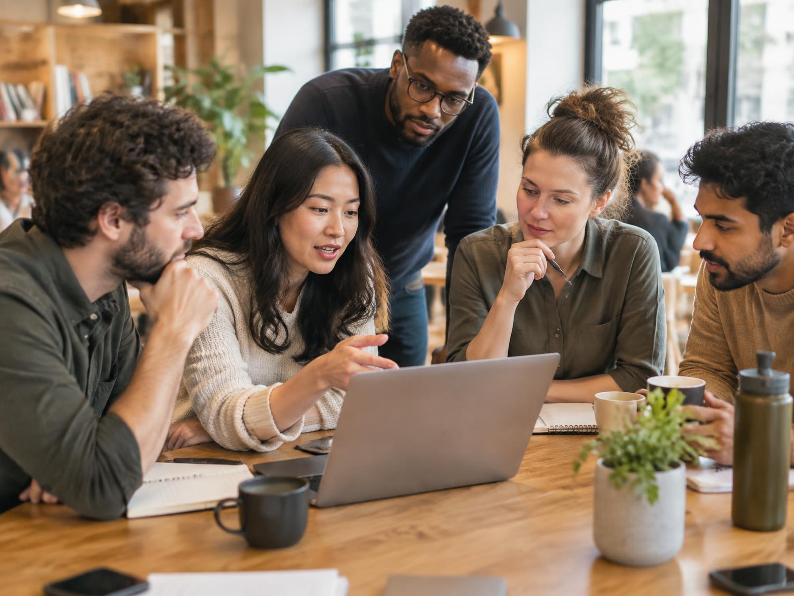 Mixed-age technology team working through an important customer opportunity