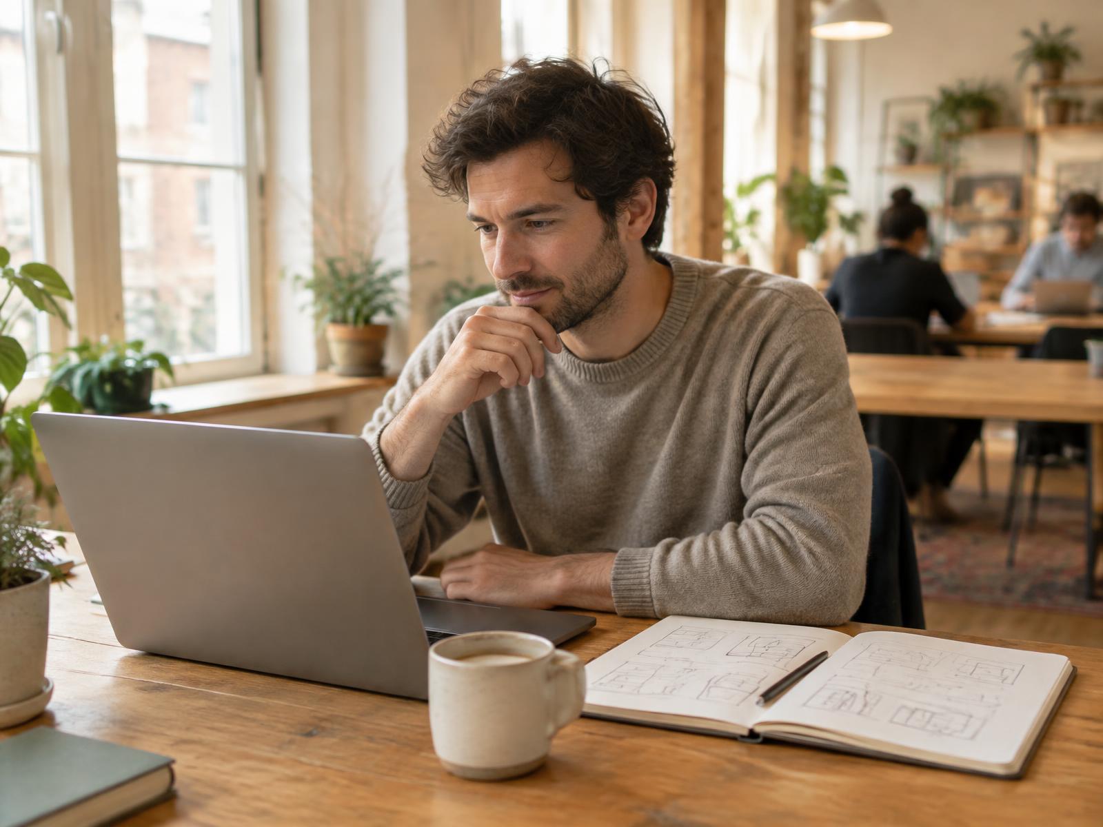 Technology founder reviewing a software product and commercial priorities